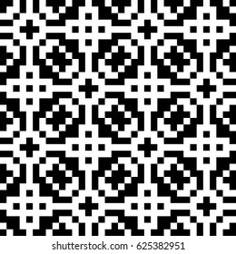Vector seamless pattern. Chequered ornament, traditional tracery with ethnic black white design. Background, texture with folk handiwork. Checkerboard swatch for cloth, fabric, plaid, tapestry.