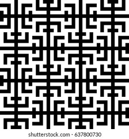 Vector seamless pattern. Chequered ornament, traditional tracery with ethnic black white design. Background, texture with folk handiwork. Checkerboard swatch for cloth, fabric, plaid, tapestry.