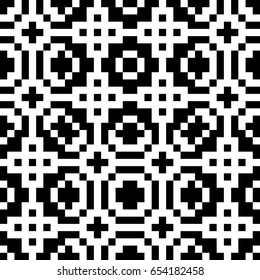 Vector seamless pattern. Chequered ornament, traditional tracery with ethnic black white design. Background, texture with folk handiwork. Checkerboard swatch for cloth, fabric, plaid, tapestry.