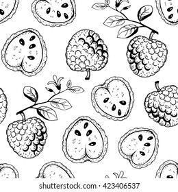 Vector seamless pattern with cherimoya fruit with seedling, ripe fruit and branch with leaves and flowers. Eco organic vegan food. Great for menu, fabric, textile, coloring book.