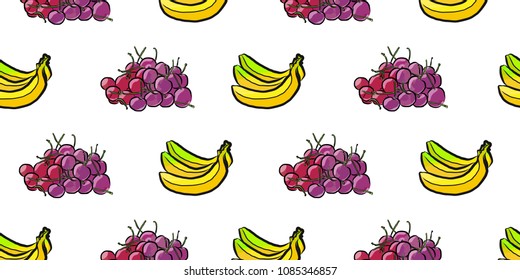 Vector seamless pattern of cherries and banana. Hand-drawn and colored illustration
