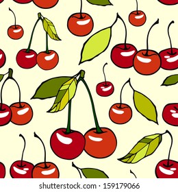 Vector seamless pattern with cherries. Can be used in textile print, greeting cards, graphic design, packaging, restaurant menu cover