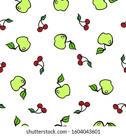 vector seamless pattern with cherries and green apples on a white background. can be used as a design of kitchen accessories, textiles, packaging paper, notebooks, background and other things.