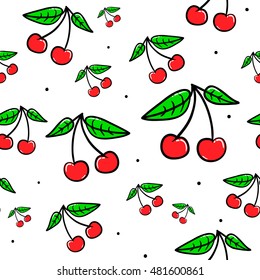 Vector seamless pattern with cherries. Hand drawn cute and fun fashion illustration sketch patches or stickers. Modern doodle pop art endless cherry design