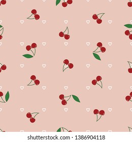 Vector seamless pattern with cherries hearts and leaves on pink background.