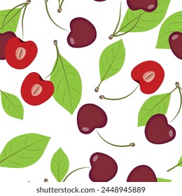 Vector seamless pattern with cherries and leaves on a white background.