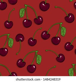 Vector Seamless Pattern of Cherries on Red Background