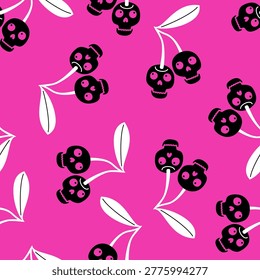 Vector seamless pattern with cherries and skulls instead of berries