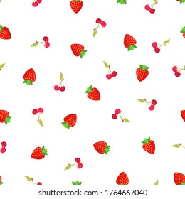 Vector seamless pattern with cherries and strawberries by summer. Endless illustration with delicious tropical fruits and berries.