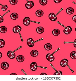 Vector seamless pattern with cherry berries. Pink background.