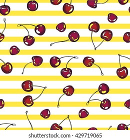 Vector seamless pattern of cherry berries. Repeatable hand drawn color red summer illustration. Isolated on yellow strips. Use for wrapping paper, print on textile, fashion and restaurant decor.