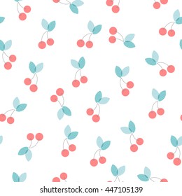 Vector seamless pattern of cherry berries with green leaf. Cute background. Textile fabric printing