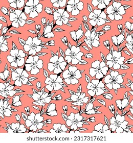 Vector seamless pattern with cherry blossom on cream background. Design for fabric and paper