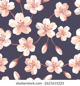 Vector seamless pattern with cherry blossoms on the dark background. All flowers are isolated and you can use them separately.