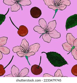 vector seamless pattern cherry flowers and fruits on pink background