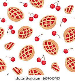 Vector seamless pattern with cherry pies and cherries on white.