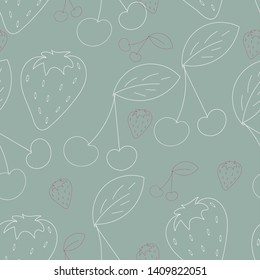 Vector of seamless pattern with cherry and strawberry outline in doodle style