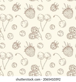 Vector seamless pattern with cherry, strawberry, raspberry and blueberry. Outline vector vintage illustration of berries. Can be used for printing, textiles, packaging paper and summer decor.