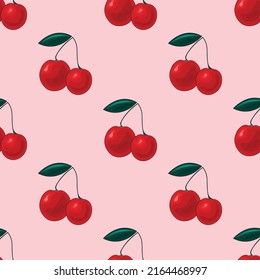 Vector seamless pattern. Cherry, sweet cherry on a pink background. Design for printing on textiles, clothing, wallpaper printing.