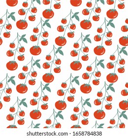 Vector seamless pattern with cherry tomatoes, vector. Great for designing a healthy lifestyle or diet. For wrapping paper, textiles and other food designs.