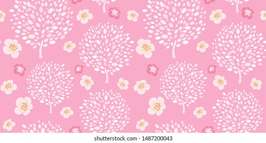 Vector seamless pattern with cherry trees and Sakura flowers on pastel pink background. Floral abstract print with blossoms. Hand drawn vector   illustration.