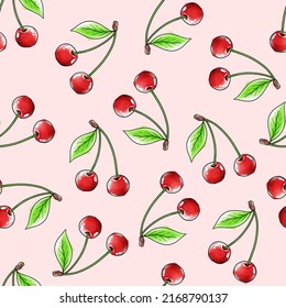 Vector seamless pattern, cherry in watercolor style with black contour