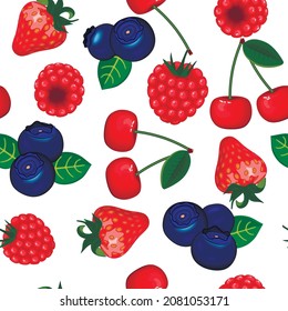 Vector  seamless pattern with cherry,strawberry,raspberry,blueberry .Vintage print with juicy fresh berries on a white. Botanical background with natural food organic agriculture design elements.