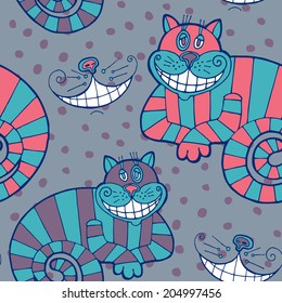 Vector seamless pattern with cheshire cat for tale Alice in Wonderland
