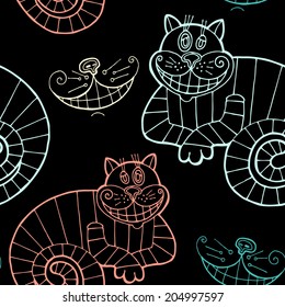 Vector seamless pattern with cheshire cat for tale Alice in Wonderland