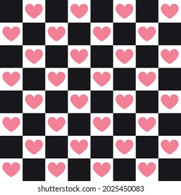 Vector seamless pattern of chess board checkered texture and hearts isolated on white background