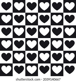 Vector seamless pattern of chess board checkered texture and hearts isolated on white background