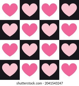 Vector seamless pattern of chess board checkered texture and hearts isolated on white background