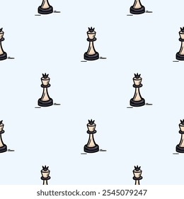 Vector seamless pattern with chess piece, queen. Hand drawn background related to board games, leisure, sports and hobbies. Set of icons, signs and symbols