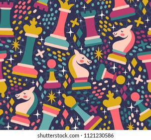 Vector seamless pattern with chess pieces. Cute hand drawn repeated texture with chessman. Childish background with chess king, queen, rook, bishop, knights, pawn.