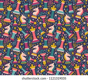 Vector seamless pattern with chess pieces. Cute hand drawn repeated texture with chessman. Bright childish background with chess king, queen, rook, bishop, knights, pawn.