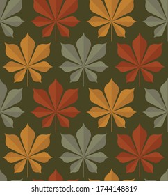 Vector seamless pattern of 
chestnut leaf in three colors (red, yellow, green) on a dark green background. Textile sketch, background, wrapping paper, design, packaging. Eps 8.