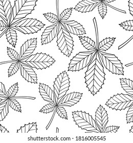 Vector seamless pattern with chestnut leaves, coloring page for kids and adults