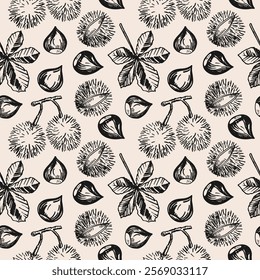 Vector seamless pattern with Chestnuts nuts. Hand drawn repeating background with chestnut plant, fruits and leaf. Design for wrapping, logo, template, card, print, paper, label. Organic product, food