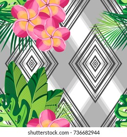 Vector seamless pattern. Chic bouquets of exotic tropical leaves and flowers on a gray and gray background of rhombuses