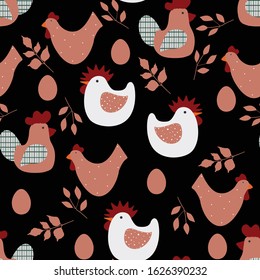Vector seamless pattern with chicken for Easter and other users. Design element. Black backdrop.