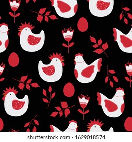 Vector seamless pattern with chicken for Easter and other users. Design element. Red and black colors.