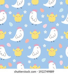 Vector seamless pattern with chickens chicks eggs and flowers on a blue background for Easter or farm food agriculture design.  Colorful vector texture for kids, flat style.
