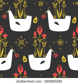 Vector seamless pattern of chickens, eggs and flowers in a folk style on a black background.