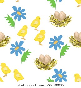 vector of seamless pattern with chickens ,eggs in nest and flowers