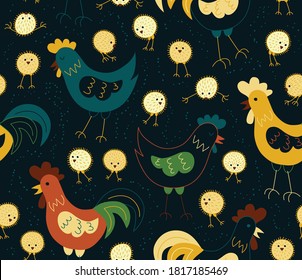 Vector Seamless pattern with chickens,  hen and rooster. Loop pattern for fabric, textile, wallpaper, posters, gift wrapping paper, napkins, tablecloths. Print for kids. Children's print