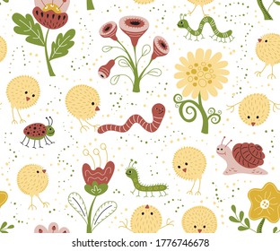 Vector Seamless pattern with chickens and insects. Loop pattern for fabric, textile, wallpaper, posters, gift wrapping paper, napkins, tablecloths. Print for kids, children. Children's pattern