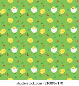 Vector seamless pattern with chickens on a transparent background. Easter chicks, flowers and twigs.