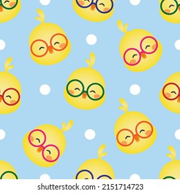 Vector seamless pattern with chicks in glasses in cartoon style in blue background