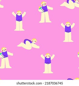 Vector seamless pattern with child in different poses. Little baby kid pattern on pink background. Nursery pattern design