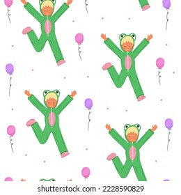 Vector seamless pattern with child in green frog kigurumi pajama